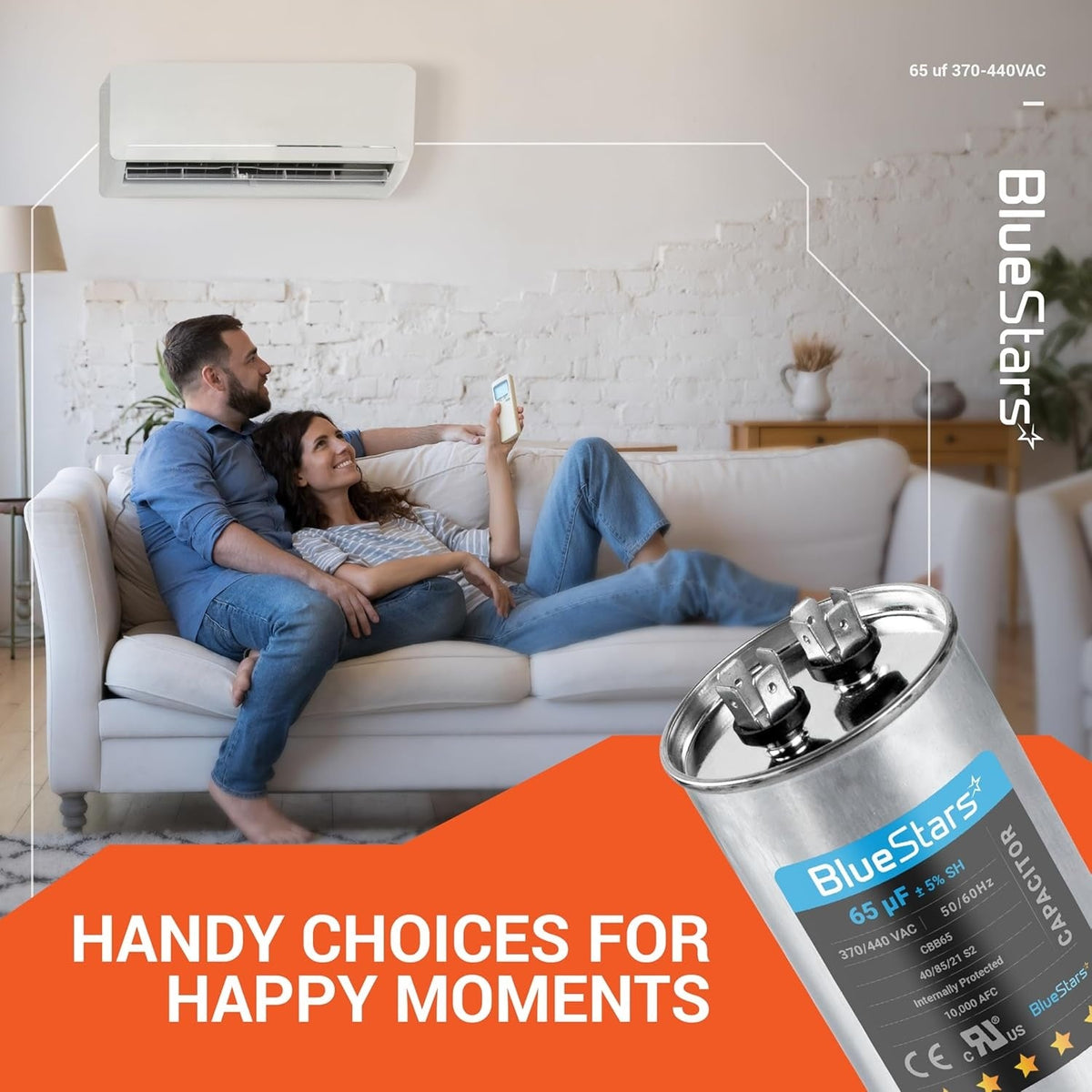 65 uF 370/440 VAC round run capacitor for AC and heat pump systems shown with a couple relaxing in a living room.