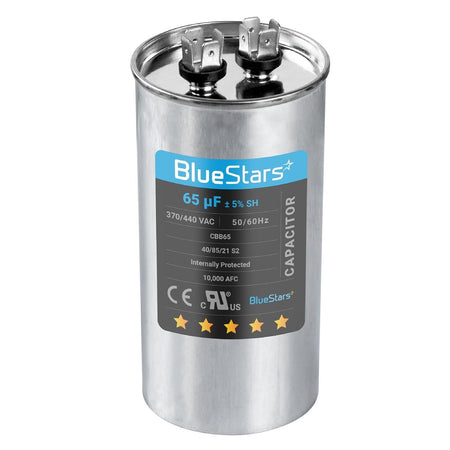 BlueStars 65 uF 370/440 VAC round run capacitor for AC motors and heat pumps.