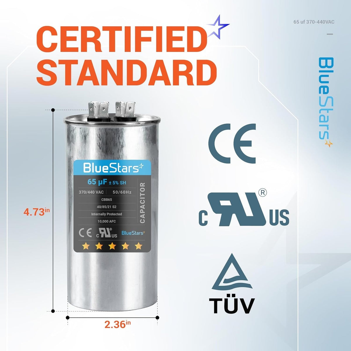 BlueStars 65 uF 370/440 VAC round run capacitor with dimensions and certification labels shown.