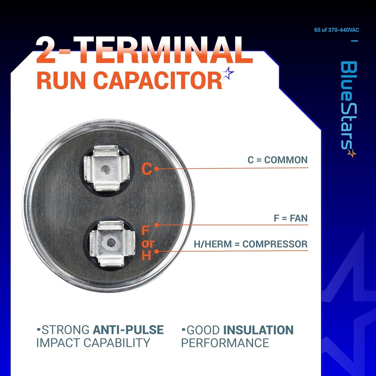 Top view of 65 uF 370/440 VAC round run capacitor showing 2-terminal layout and common, fan, and compressor labels.