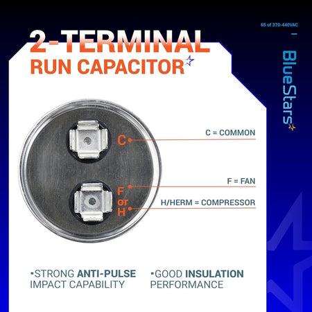 Top view of 65 uF 370/440 VAC round run capacitor showing 2-terminal layout and common, fan, and compressor labels.