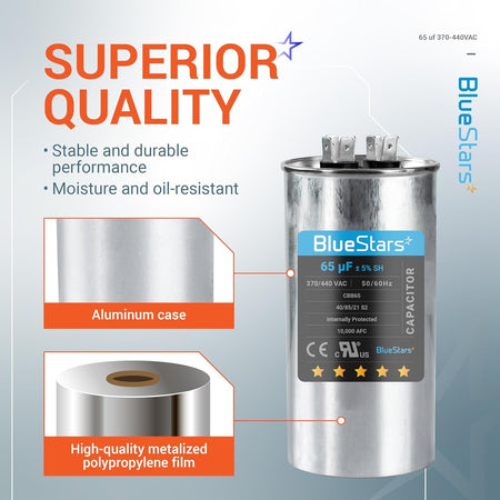 BlueStars 65 uF 370/440 VAC round run capacitor with aluminum case and metalized film construction details.