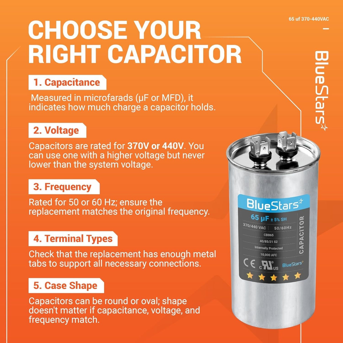 Infographic showing 65 uF 370/440 VAC round run capacitor specifications and selection guide.
