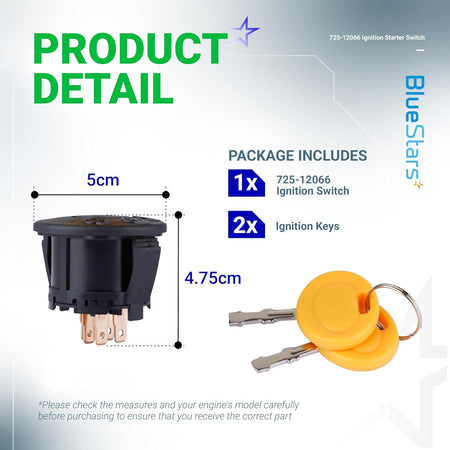 725-12066 ignition switch and two keys with dimension diagram showing 5cm width and 4.75cm height.
