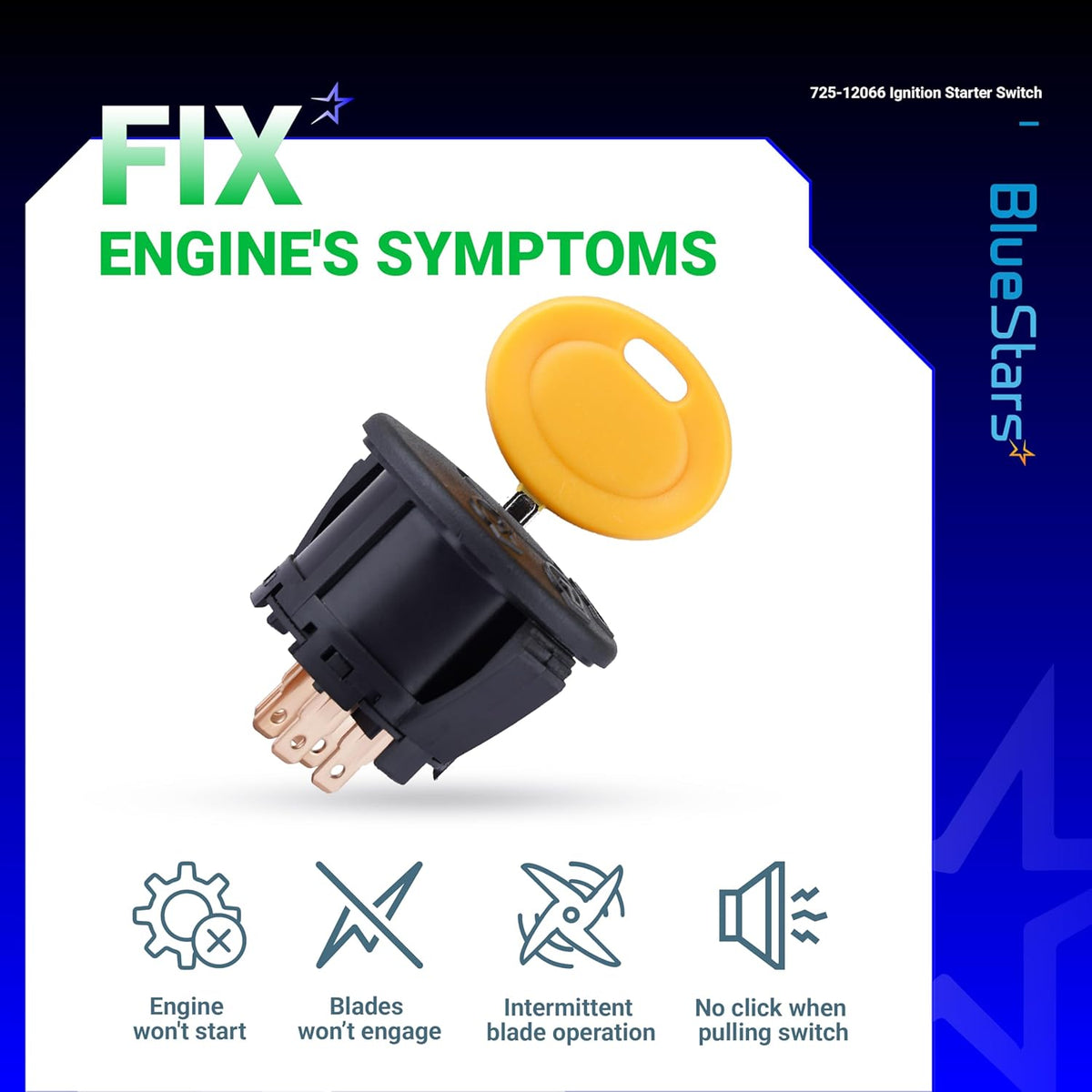 725-12066 3-position 6-pin ignition switch with yellow key for Cub Cadet and MTD lawn mowers.