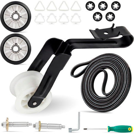 4392065 Dryer Repair Tool Kit showing rollers, belt, bracket, screws, shafts, and included hand tools
