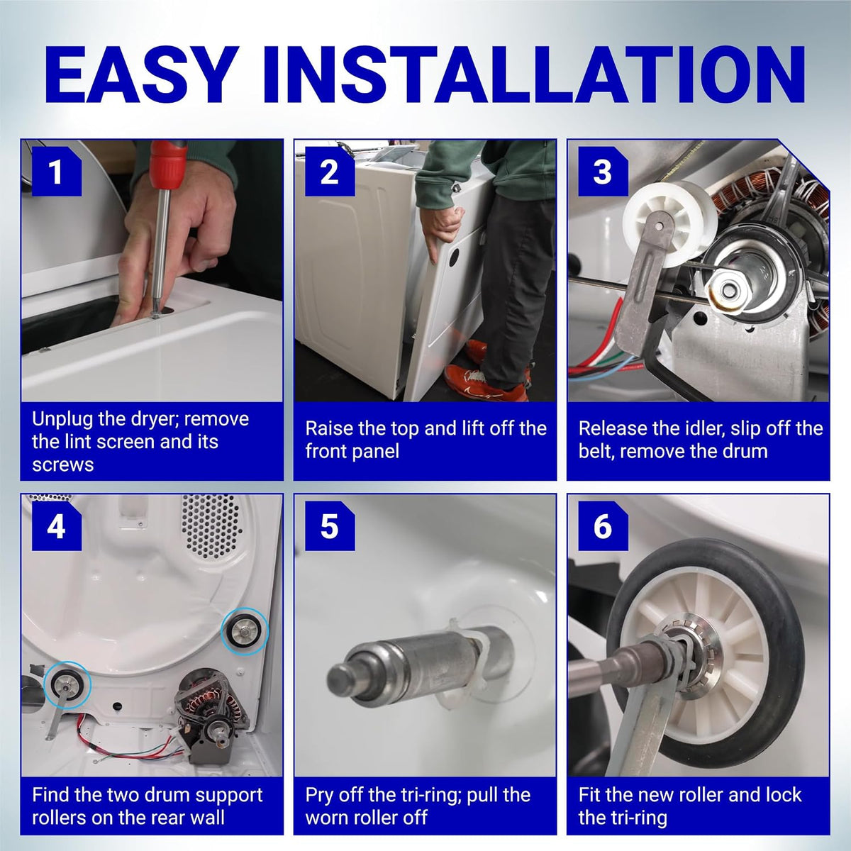 4392065 Dryer Repair Tool Kit, six-step easy installation guide for replacing dryer drum rollers