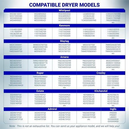 4392065 Dryer Repair Tool Kit compatibility chart listing Whirlpool, Kenmore, Maytag, Amana and other dryer models