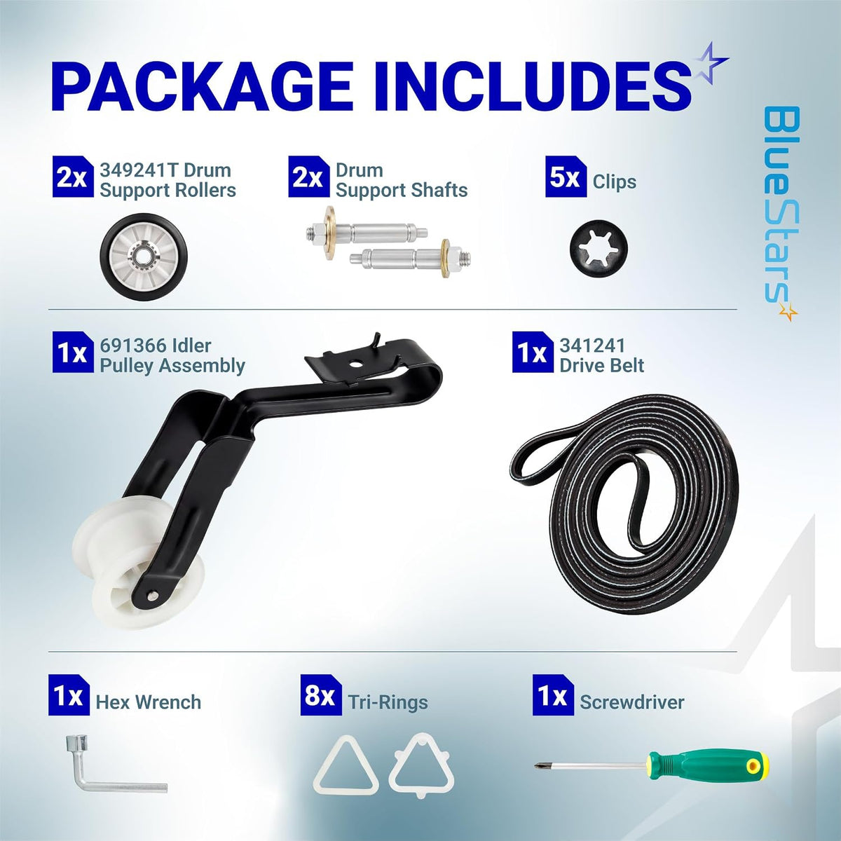4392065 Dryer Repair Tool Kit package includes drum rollers, shafts, clips, idler pulley, belt, hex wrench, tri-rings and scr