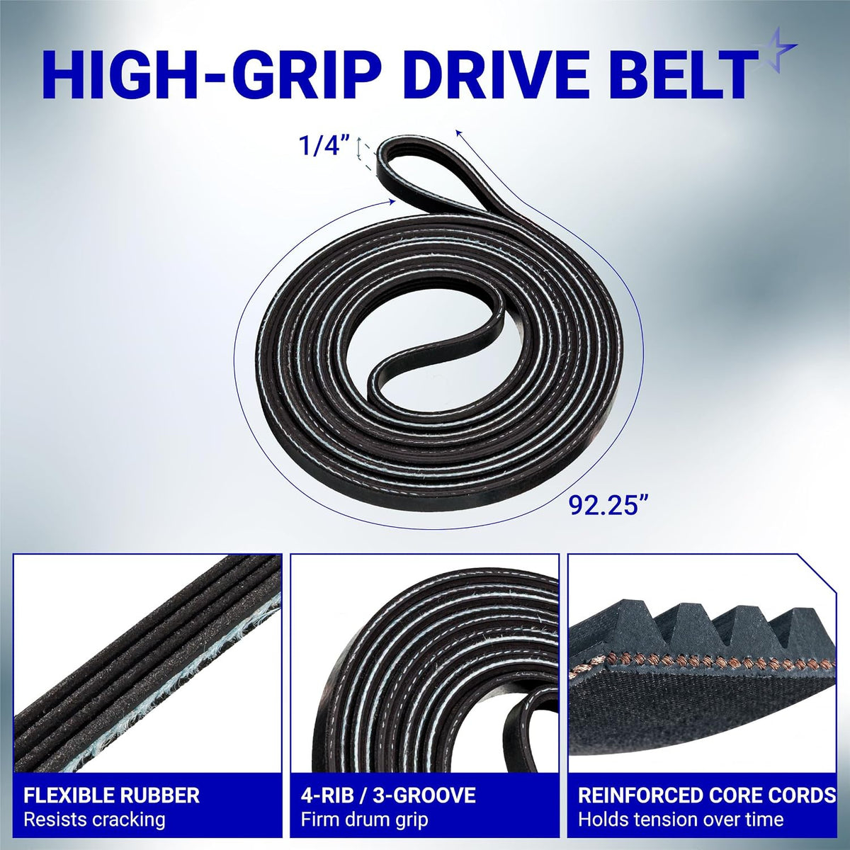 4392065 Dryer Repair Tool Kit high-grip drive belt showing 1/4-inch width, 92.25-inch length, grooves and reinforced cords