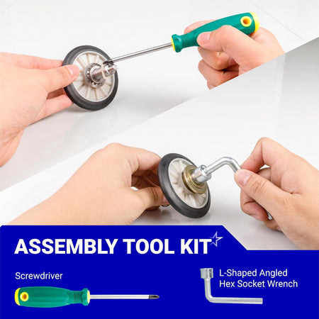 4392065 Dryer Repair Tool Kit showing a screwdriver and L-shaped angled hex socket wrench assembling a wheel
