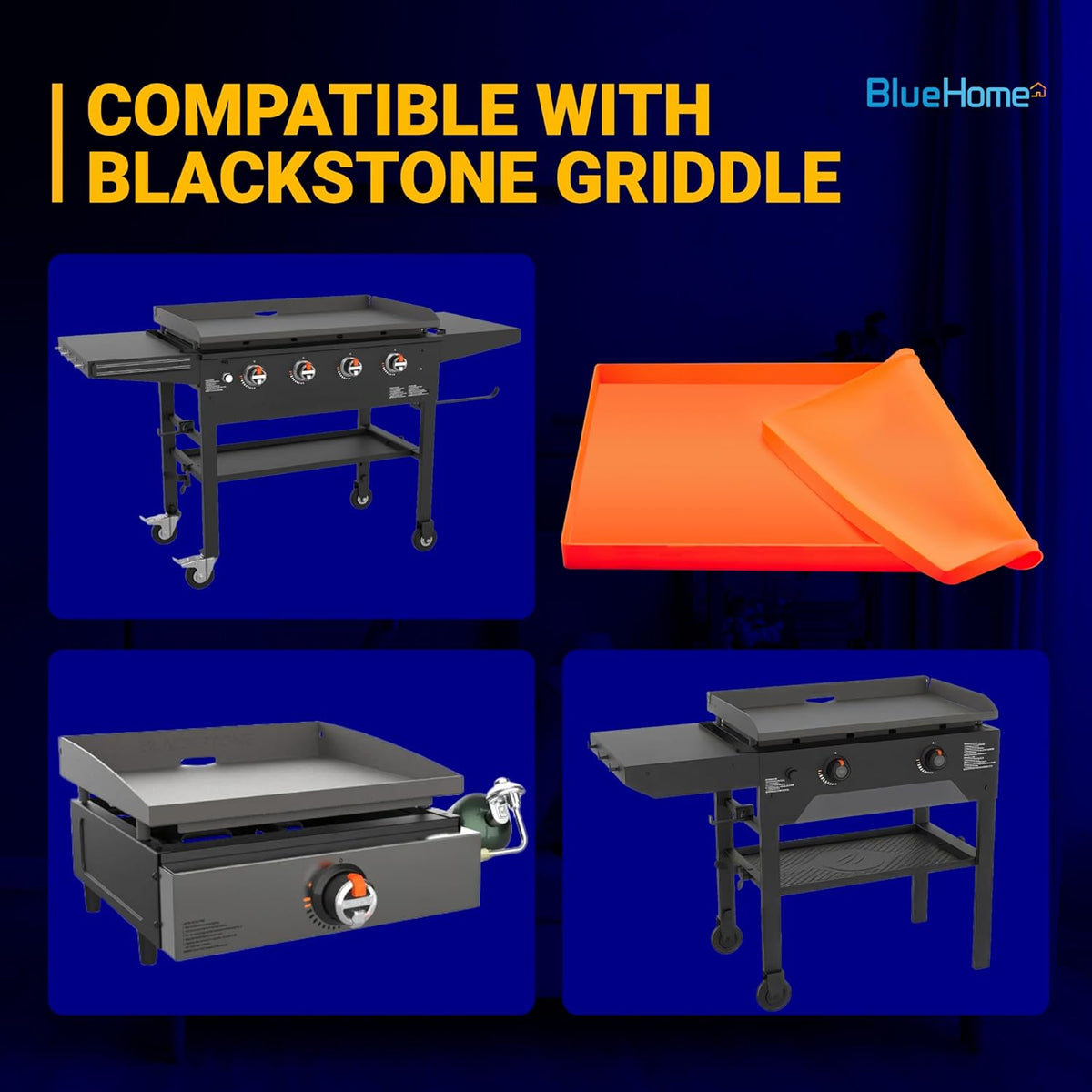 36-inch orange silicone griddle mat compatible with Blackstone griddles shown with various grill models.