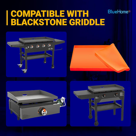 36-inch orange silicone griddle mat compatible with Blackstone griddles shown with various grill models.