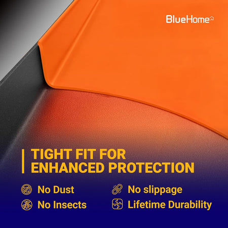 Close-up of an orange 36-inch silicone griddle mat showing a tight fit against the metal griddle surface.