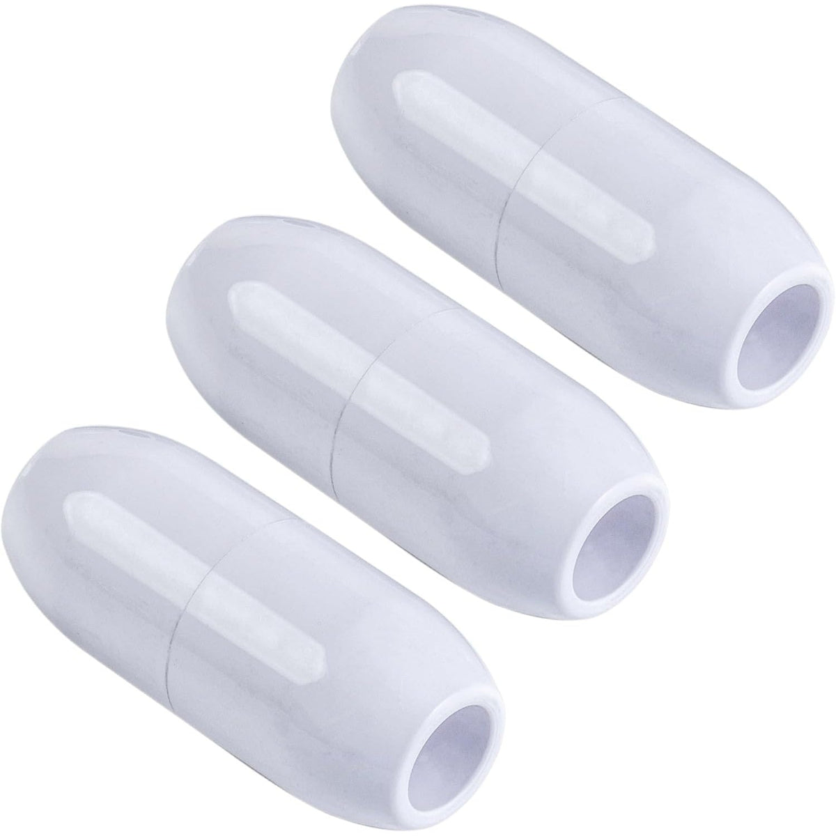 Three white D10 pool cleaner feed hose floats arranged diagonally.