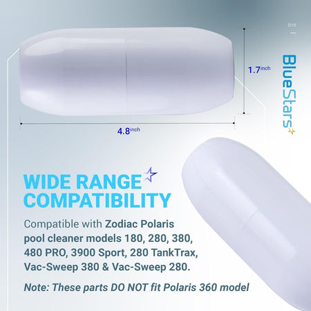 D10 pool cleaner feed hose float showing dimensions of 4.8 inches by 1.7 inches and compatibility information.