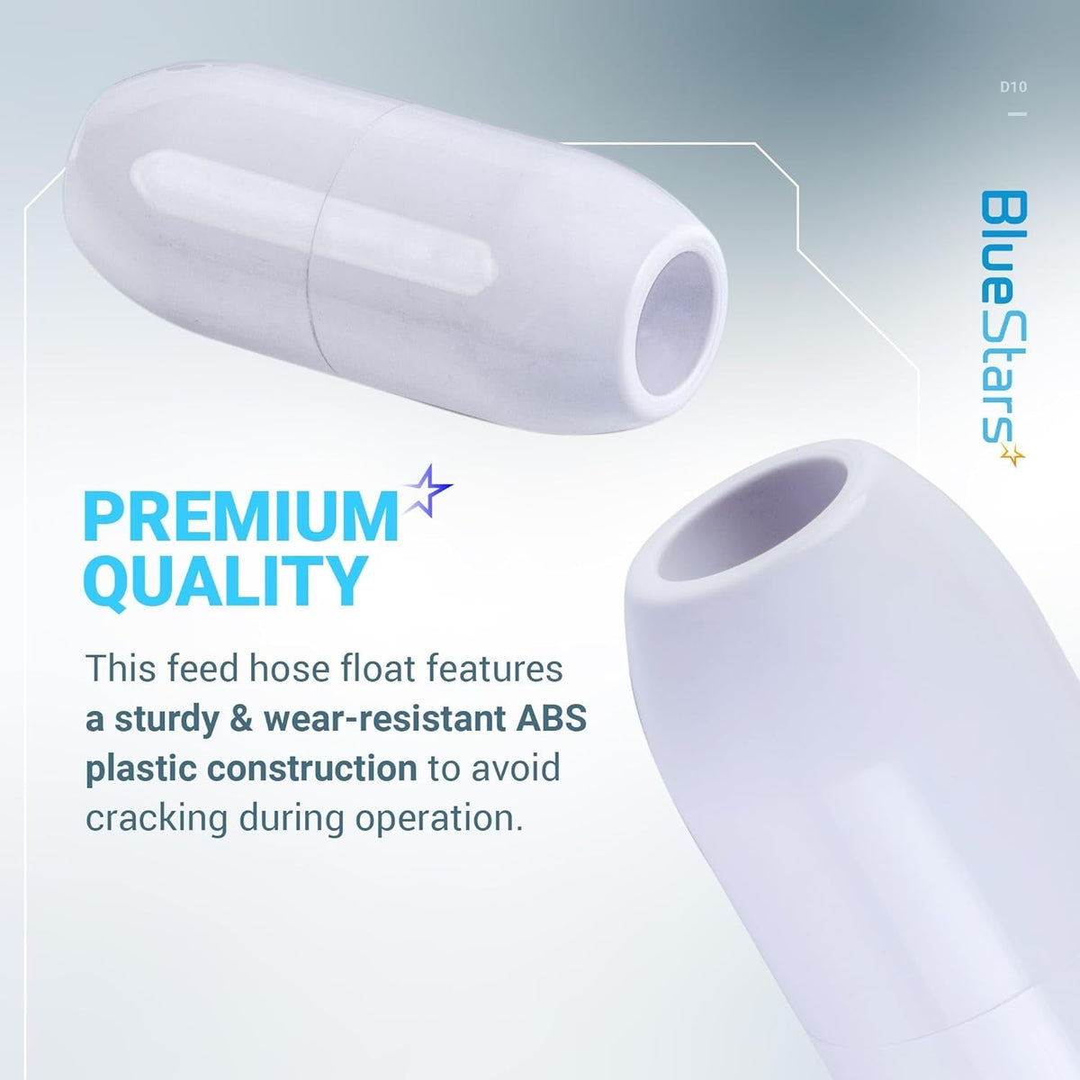 White D10 pool cleaner feed hose float made of durable ABS plastic shown in a product feature graphic.