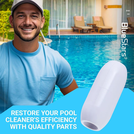 White D10 pool cleaner feed hose float replacement part shown against a pool background.