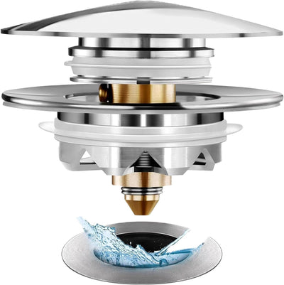 Chrome pop-up bathtub drain stopper with integrated strainer shown above a standard drain hole.