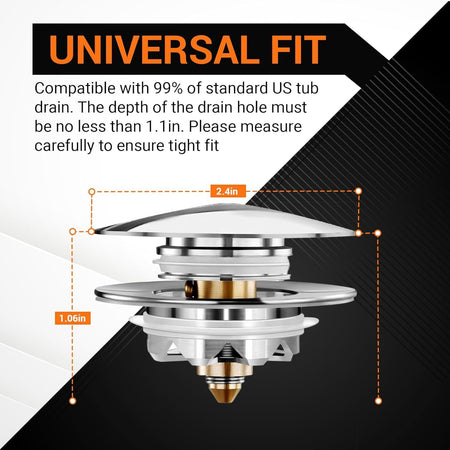 Diagram showing dimensions of universal pop-up bathtub drain plug for US standard drain holes.