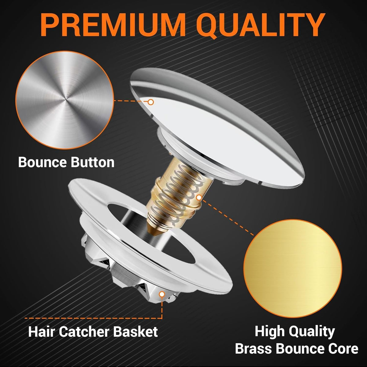 Bathtub pop-up drain plug showing bounce button, brass bounce core, and integrated hair catcher basket.