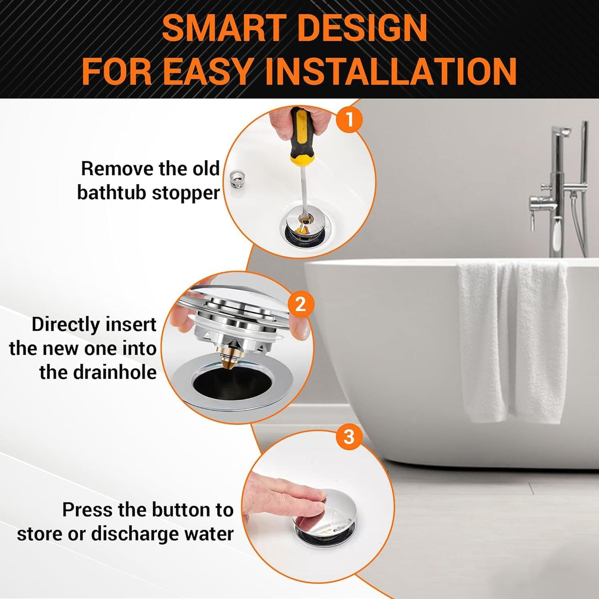 Three-step installation guide for pop-up bathtub drain stopper showing removal, insertion, and operation.