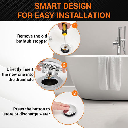 Three-step installation guide for pop-up bathtub drain stopper showing removal, insertion, and operation.