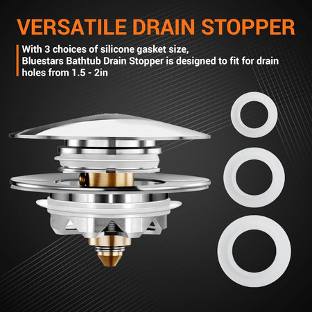Bathtub pop-up drain stopper with three interchangeable silicone gaskets for 1.5 to 2-inch drain compatibility.