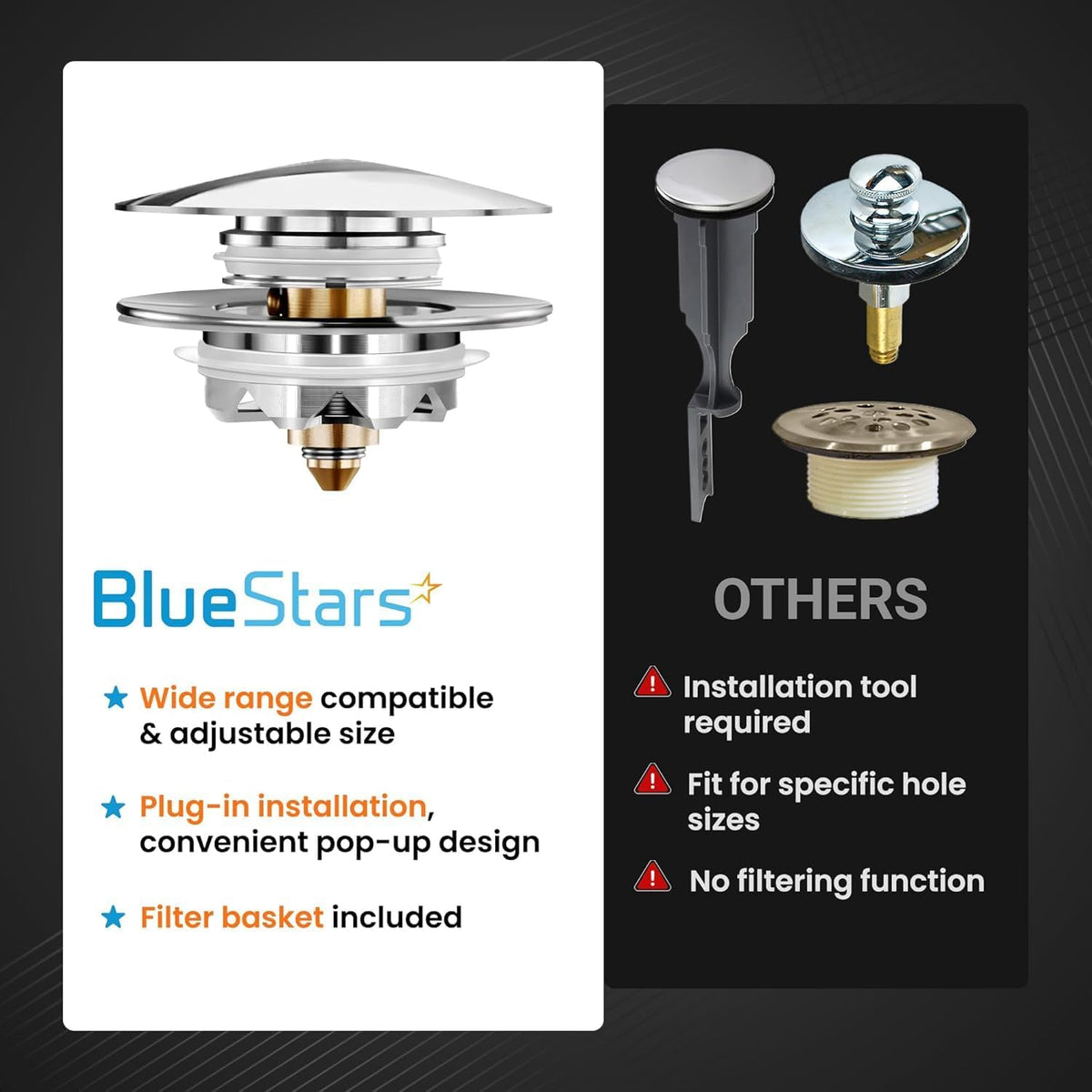 Comparison chart showing BlueStars pop-up bathtub stopper features versus standard drain plugs.