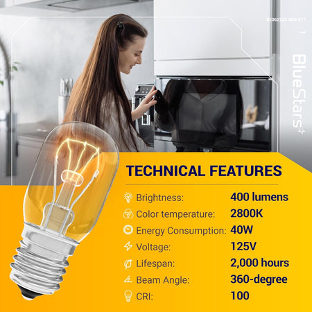 8206232A 40W 125V E17 microwave light bulb with technical specifications and kitchen background.