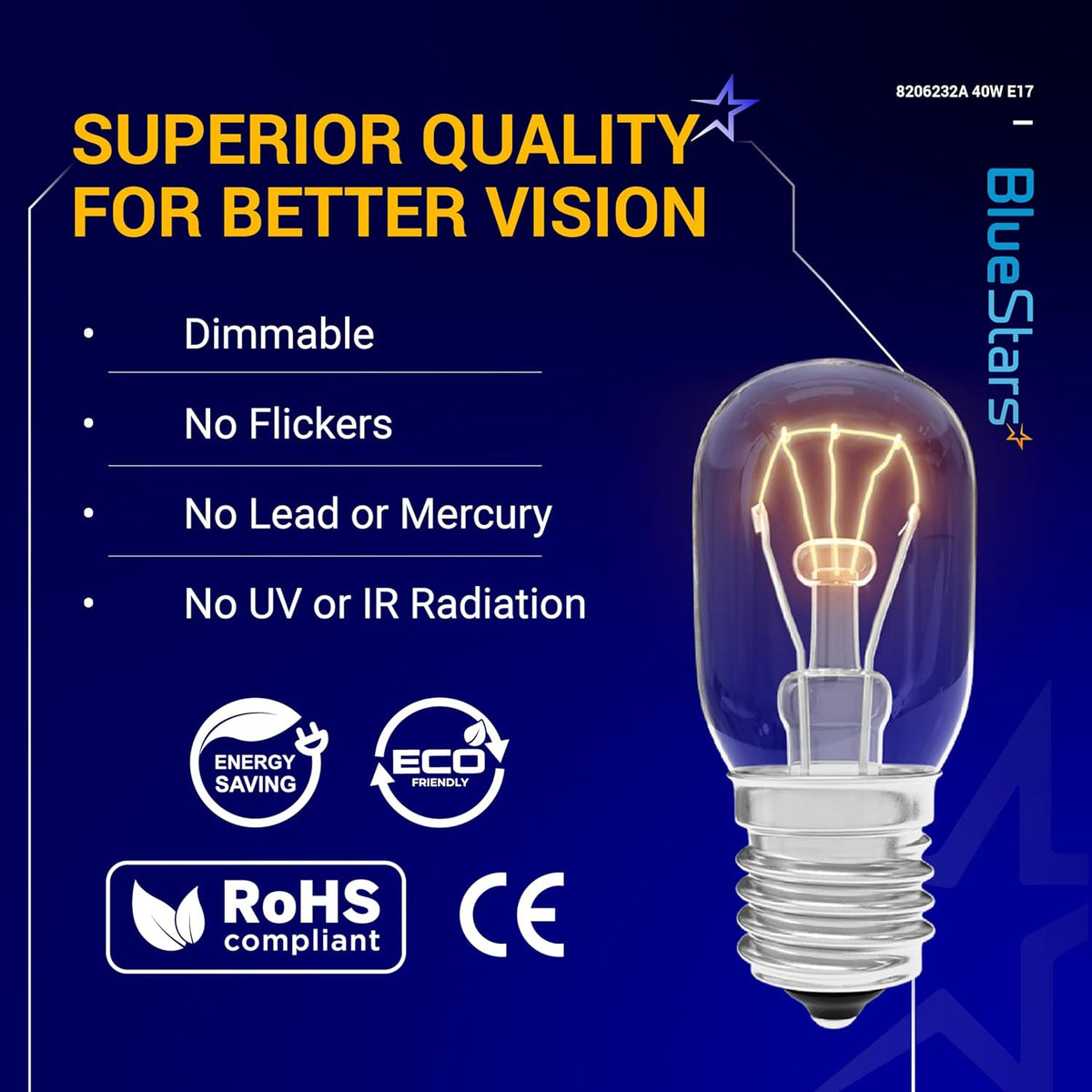 8206232A 40W E17 microwave light bulb infographic highlighting dimmable, eco-friendly, and flicker-free features.