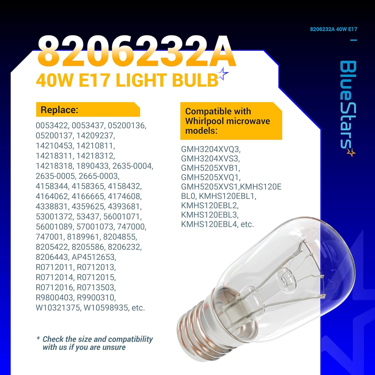 8206232A 40W E17 microwave light bulb replacement compatibility chart and product image.
