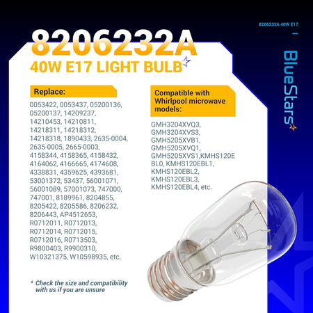 8206232A 40W E17 microwave light bulb replacement compatibility chart and product image.