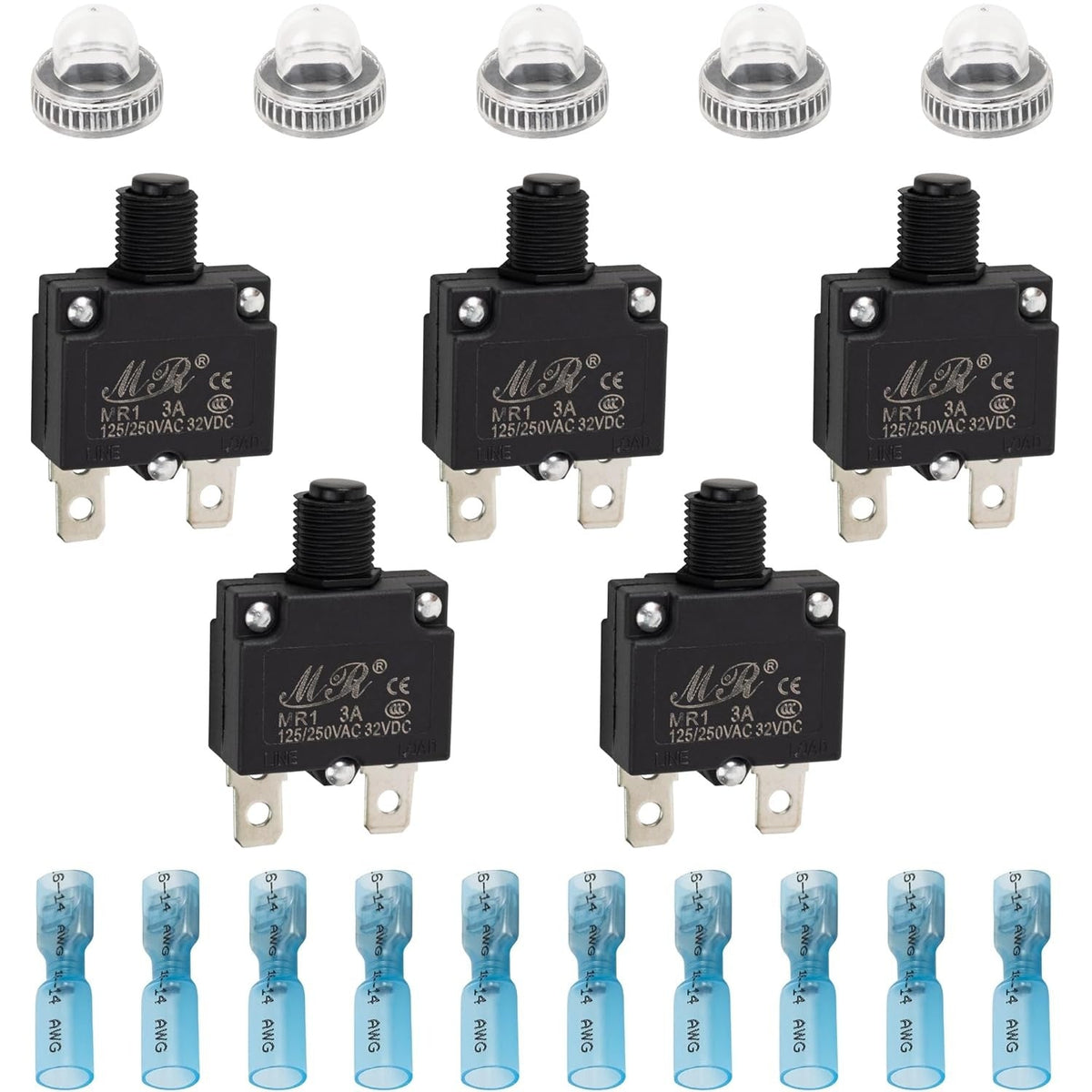 5-pack of 3Amp thermal circuit breakers with protective caps and blue wire terminals.