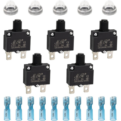 5-pack of 3Amp thermal circuit breakers with protective caps and blue wire terminals.