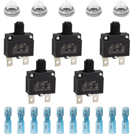 5-pack of 3Amp thermal circuit breakers with protective caps and blue wire terminals.