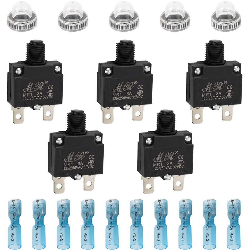 5-pack of 3Amp thermal circuit breakers with protective caps and blue wire terminals.