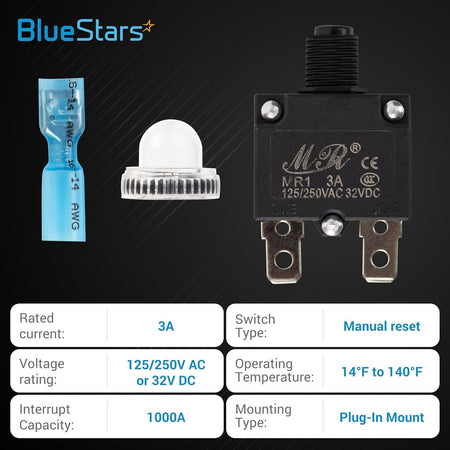 Single 3Amp thermal circuit breaker with waterproof cap and wire terminal connector.