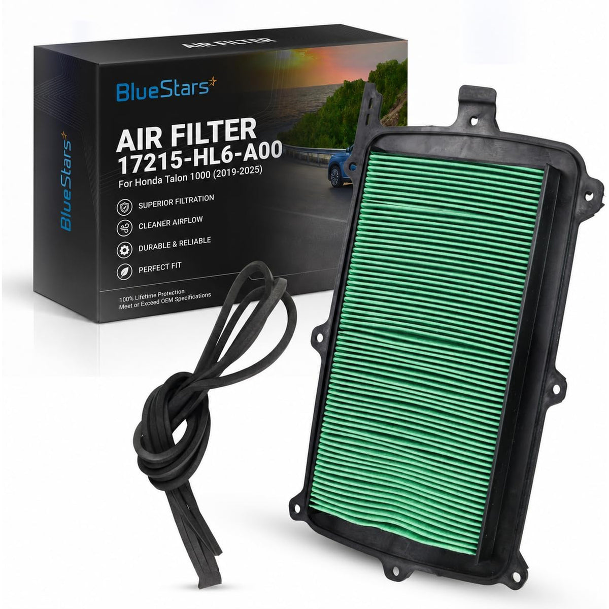 17215-HL6-A00 air filter, front view with BlueStars packaging and bundled black strap