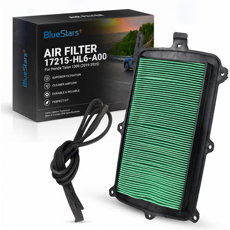 17215-HL6-A00 air filter, front view with BlueStars packaging and bundled black strap