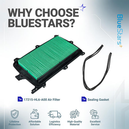 17215-HL6-A00 Air Filter shown with a sealing gasket and product feature icons