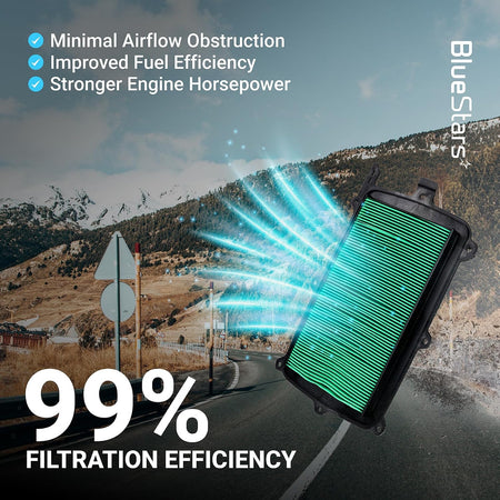17215-HL6-A00 Air Filter graphic showing green pleated filter, airflow rays and 99% filtration efficiency text