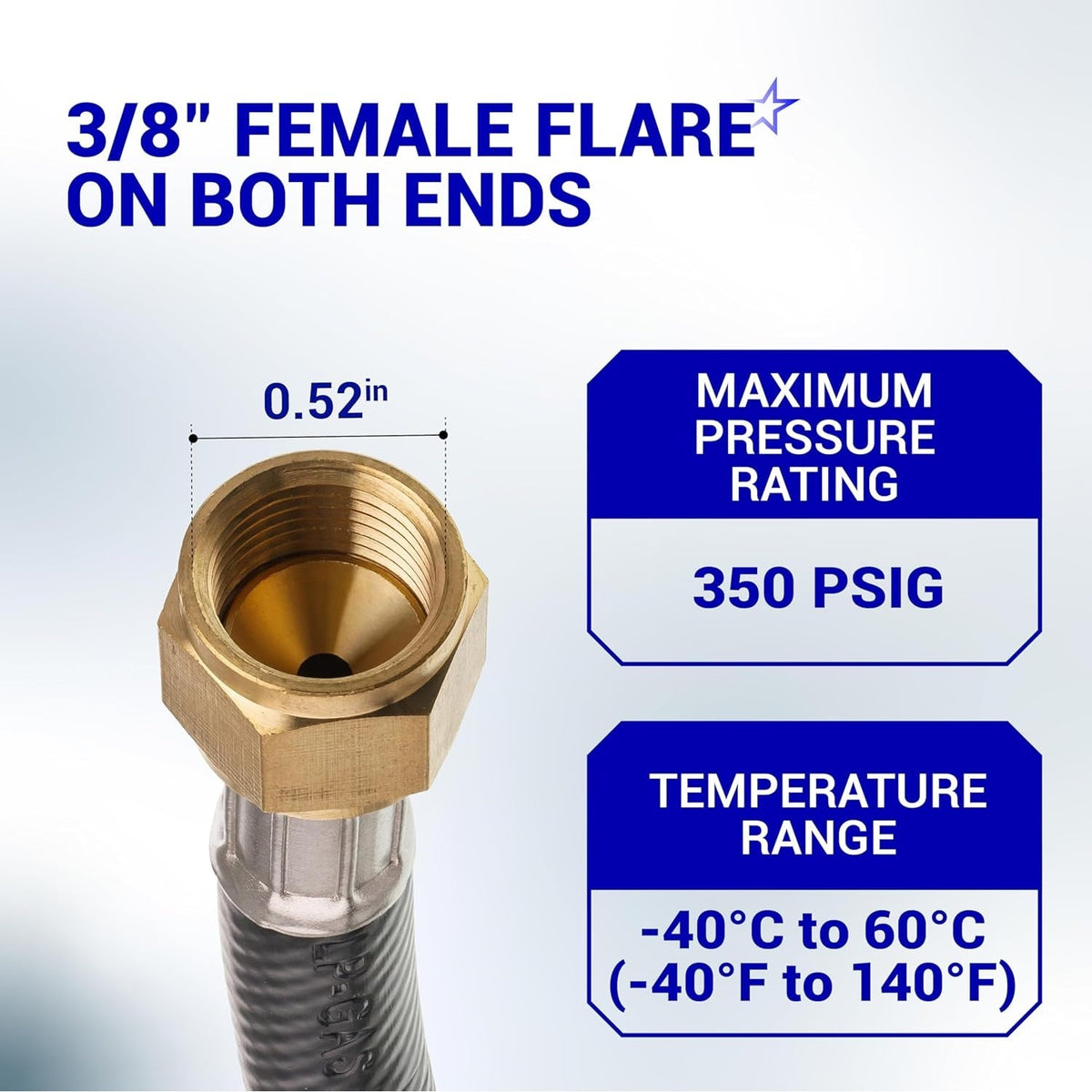 Close-up of 3/8 inch female flare RV propane hose connector with pressure and temperature specifications.