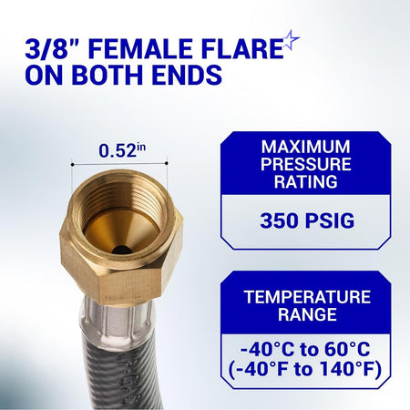 Close-up of 3/8 inch female flare RV propane hose connector with pressure and temperature specifications.