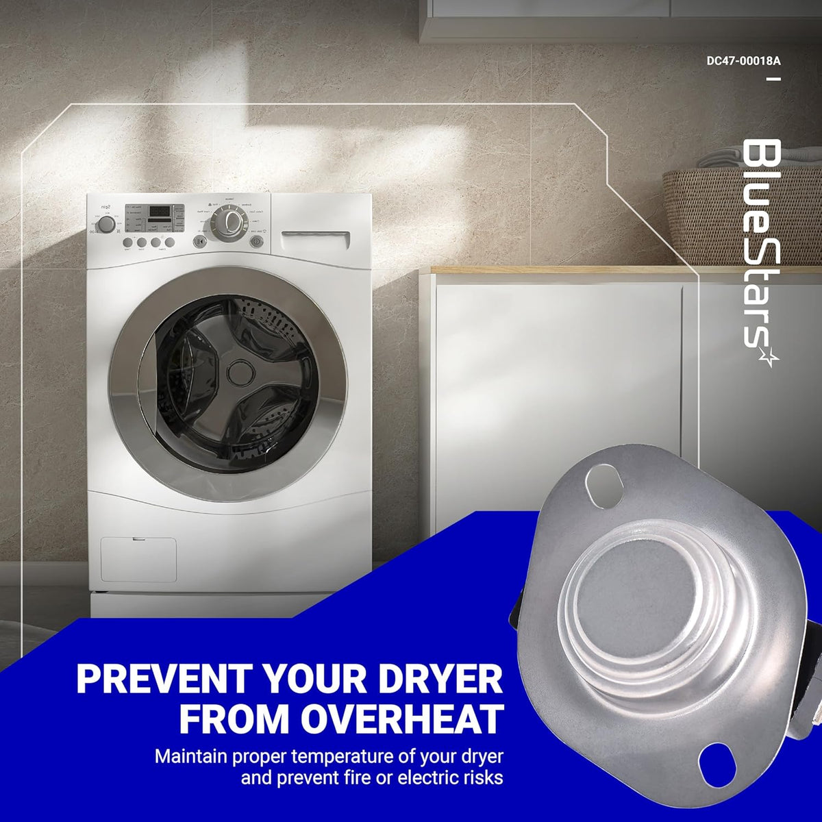 DC47-00018A dryer high limit thermostat replacement part shown in a promotional graphic with a dryer background.