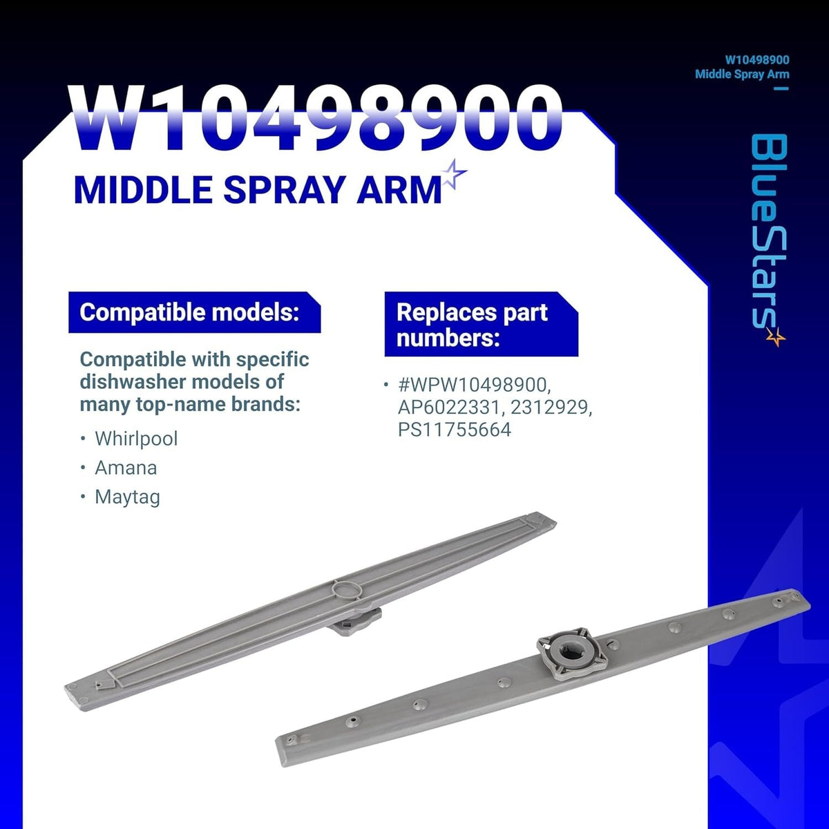 W10498900 dishwasher middle spray arm replacement part for Whirlpool, Amana, and Maytag appliances.