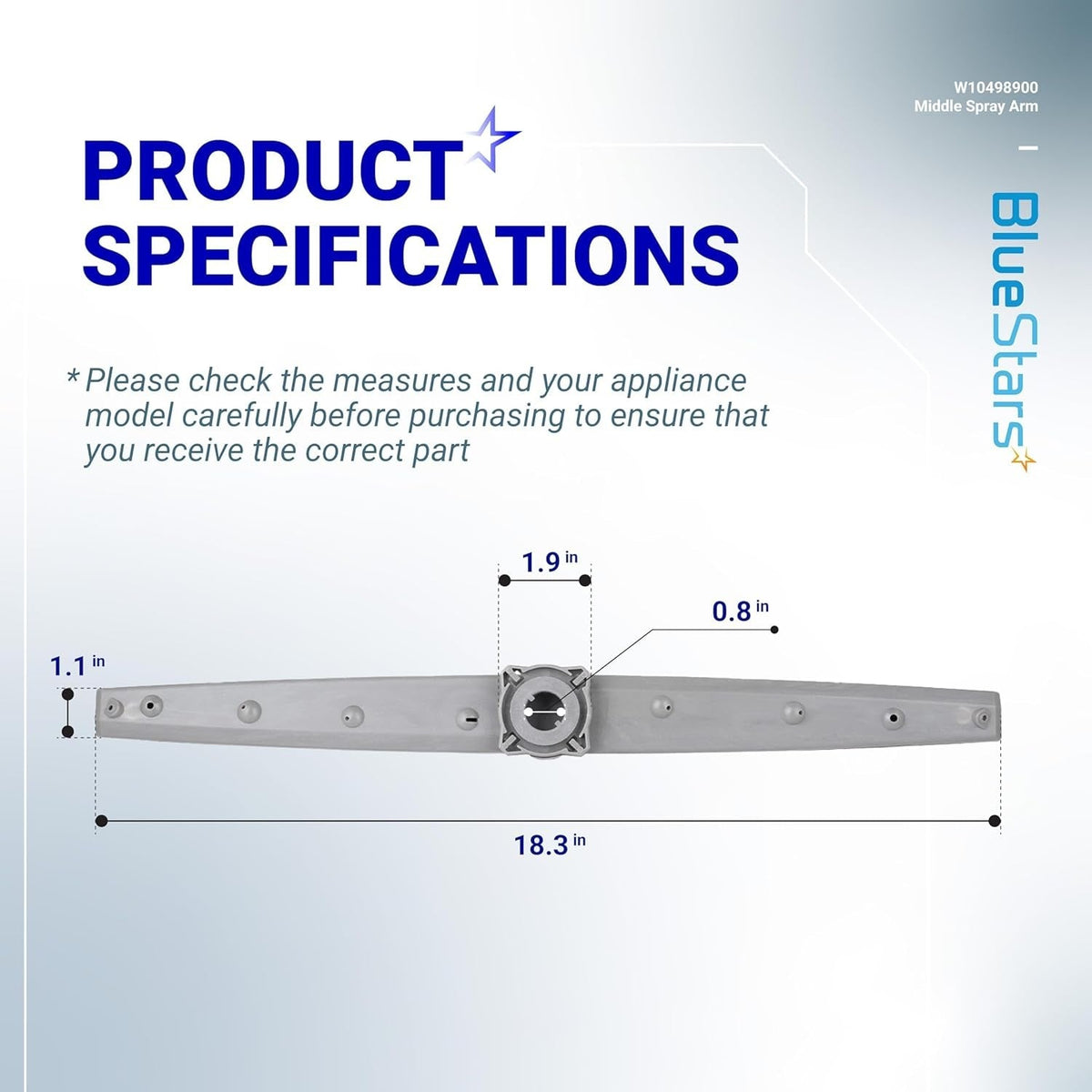 W10498900 dishwasher middle spray arm dimension diagram showing length, width, and height measurements.