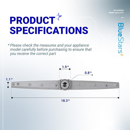 W10498900 dishwasher middle spray arm dimension diagram showing length, width, and height measurements.