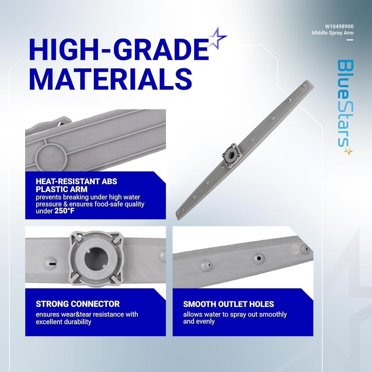 W10498900 dishwasher middle spray arm features, showing heat-resistant material, connector, and outlet hole details.