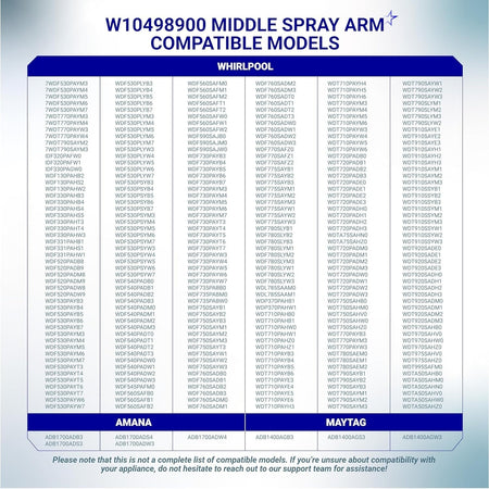 List of compatible dishwasher models for W10498900 middle spray arm replacement.
